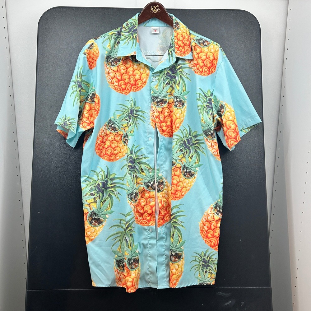 Mens Hawaiian Pineapple Button Up Shirt Blue Tropical Print 2XL Polyester